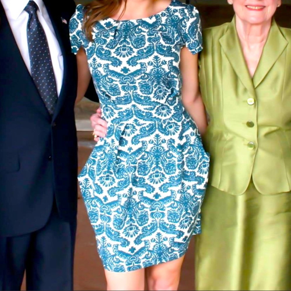 Teal Patterned Puff Sleeve Dress with Pockets